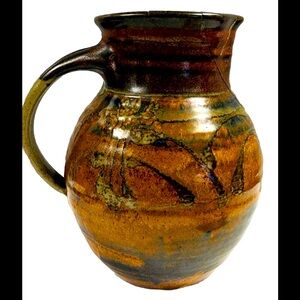 Vintage Pottery Handmade Signed Glazed Pitcher  Jug 9 in.